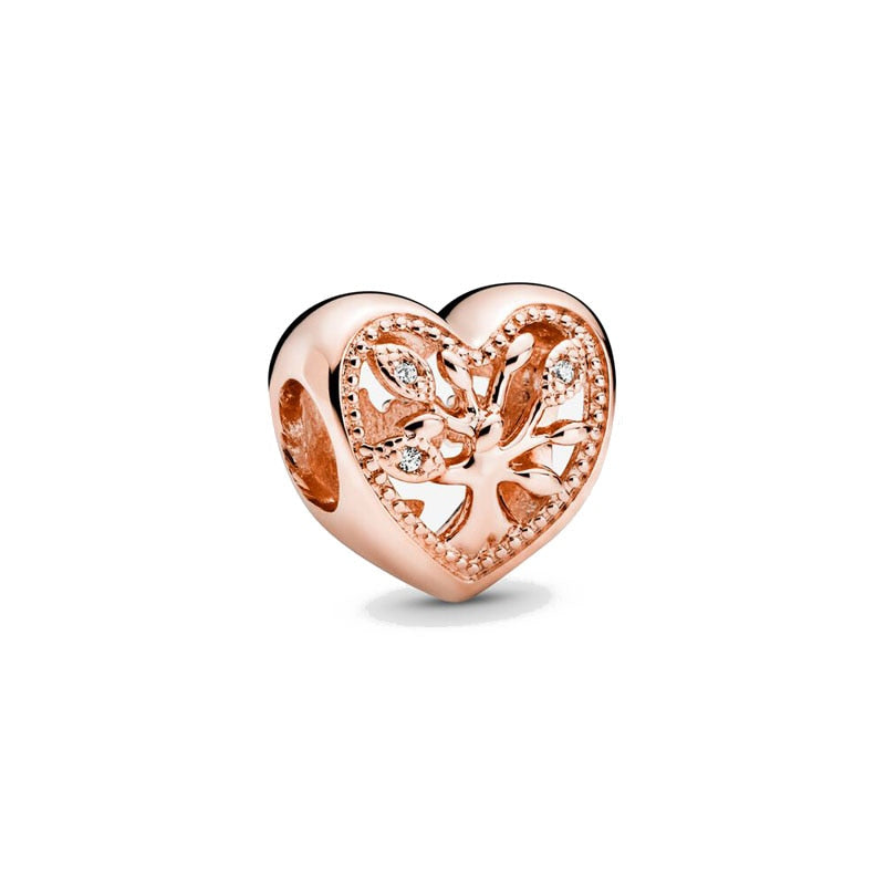 Rose Gold 925 Sterling Silver Sparkling Flower Mum Heart Charm Bead Fit Original Bracelet DIY Jewelry For Women Gift